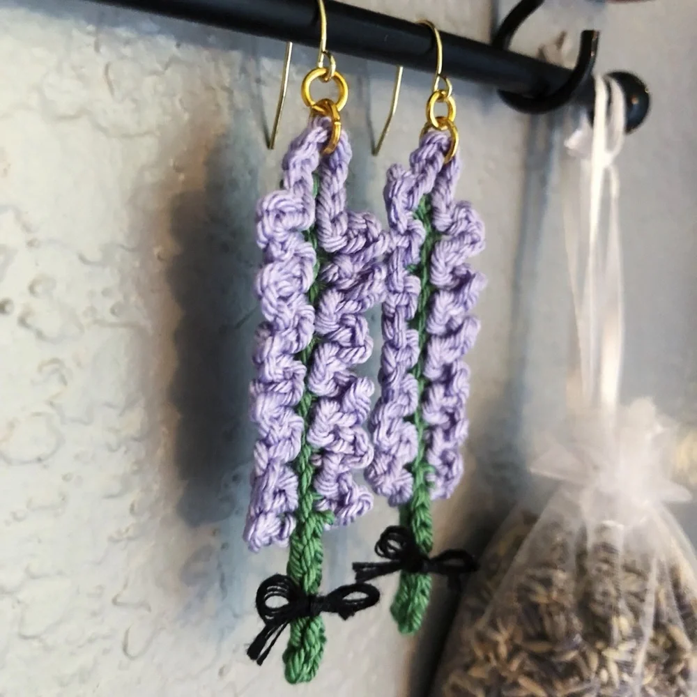 Lavender Flower Floral Earrings Crocheted with a Bow! - Picture 5 of 8